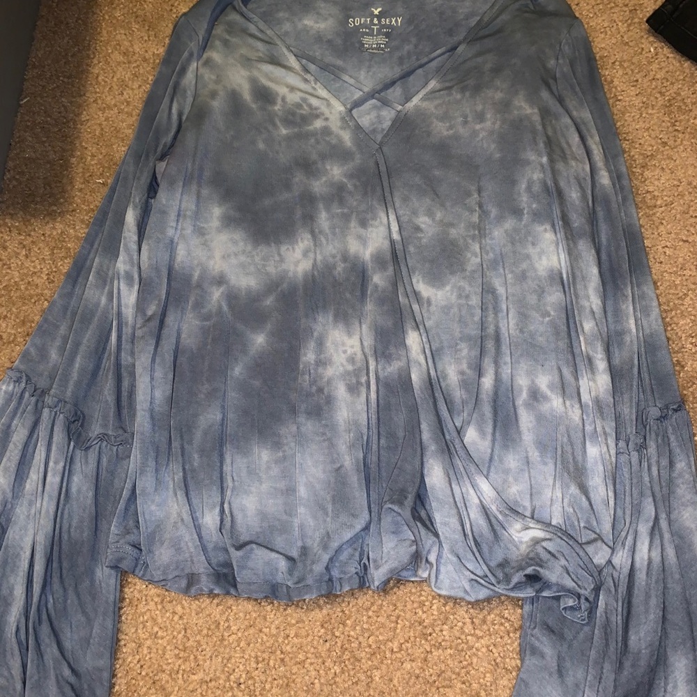 Blue tie dye balloon sleeve shirt from AE